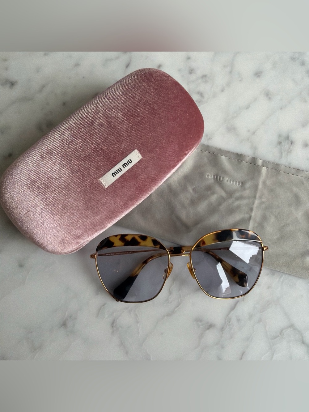 Miu Miu Tortoiseshell & Gold Frame Sunglasses with Pink Velvet Case
